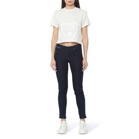 GUESS Cropped Logo Cotton T-Shirt in Ocean Salt - Size Medium - Picture 2 of 5